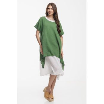 Rochie lejera din bumbac cu doua straturi si croi asimetric, alb-verde