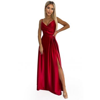 Rochie lunga din satin cu bretele si crapatura