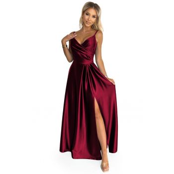 Rochie lunga din satin cu bretele si crapatura