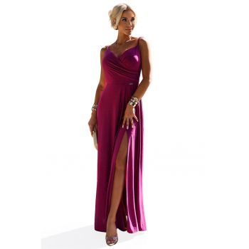 Rochie maxi lunga - eleganta - brocart fucsia - cu fanta