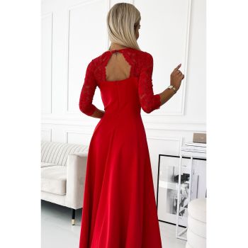 Rochie rosie lunga - eleganta - cu top din dantela si despicatura la picior