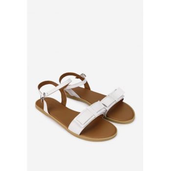 Sandale dama albe din piele naturala cu funda