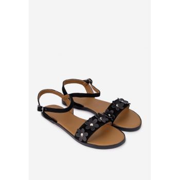 Sandale dama din piele intoarsa neagra cu ornament flori