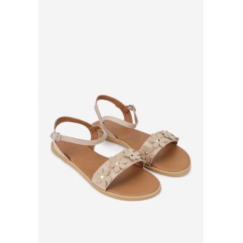 Sandale dama din piele naturala bej cu ornament flori