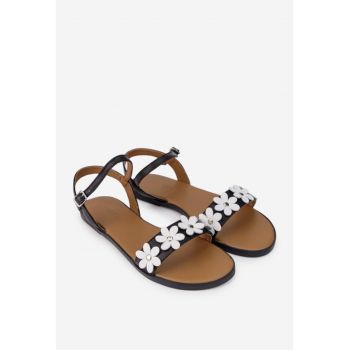 Sandale dama din piele naturala neagra cu ornament flori albe