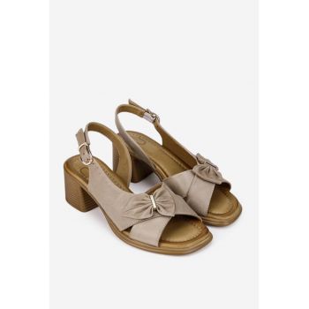 Sandale dama  din piele taupe cu ornament