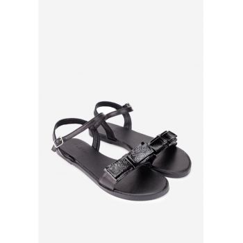 Sandale dama negre din piele cu funda