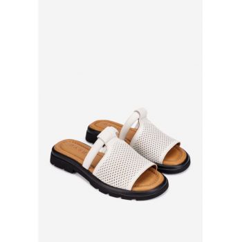 Sandale stil papuc dama din piele perforata bej