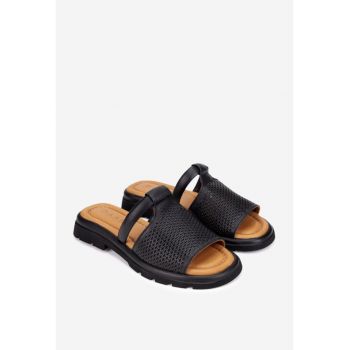 Sandale stil papuc dama din piele perforata neagra
