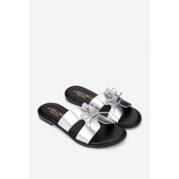 Sandale tip papuc dama din piele argintie cu funda subtire