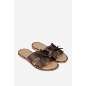 Sandale tip papuc dama din piele maro cu funda subtire