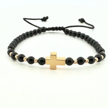 Bratara Aur 14K, snur Reglabil, Pietre Onix si Cruce Hematit - Protectie si Echilibru