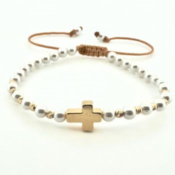 Bratara cu Bilute de Aur 14K, Perle Mallorca 4mm si Cruce Hematit Aurie ,   snur Reglabil, Cadou Femei