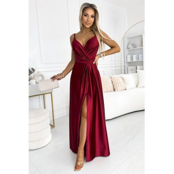 Rochie lunga din satin cu crapatura pe picior -
