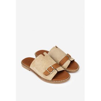 Sandale stil papuc dama din piele taupe cu maro