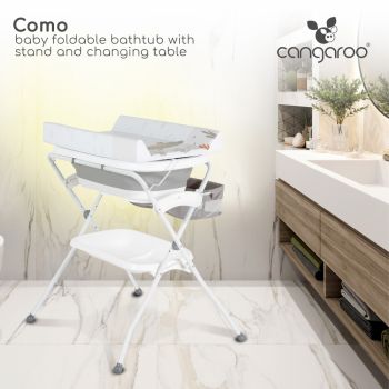 Set de baie 2in1 Cangaroo Como Gri cu design Pliabil,Masuta de infasat impermeabila cu taliometru,Cadita pliabila cu furtun scurgere apa,Organizator,Polita pentru accesorii,Inaltime confortabila pentru parinti