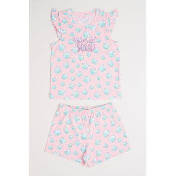 Pijama cu pantaloni scurti si model grafic - 2 piese