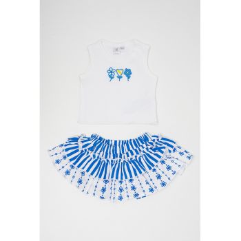 Set de top si fusta evazata cu flori brodate