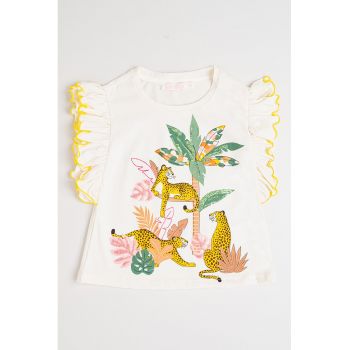 Tricou cu imprimeu grafic si maneci cu volane