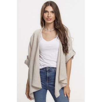 Cardigan lejer, usor cambrat din in cu colturi si maneci trei sferturi, bej