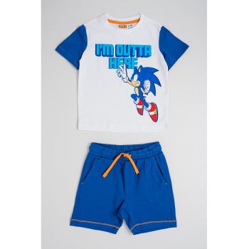 Set de tricou cu imprimeu si pantaloni scurti cu talie ajustabila - 2 piese