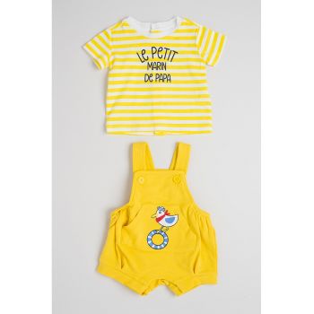 Set de tricou in dungi si salopeta cu buzunar kangaroo - 2 piese