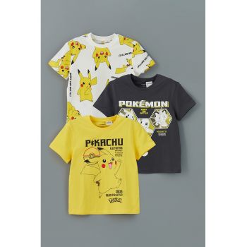 Set de tricouri de bumbac cu imprimeu Pikachu - 3 piese