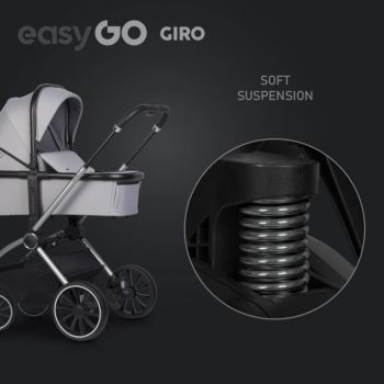 Carucior pentru copii 2 in 1 Easy Go Giro, pana la 22 kg, cu landou 80 cm, Maner telescopic, copertina XXL, pliere tip pendul, cadru ultra-usor din aluminiu, accesorii incluse, Cloud Grey