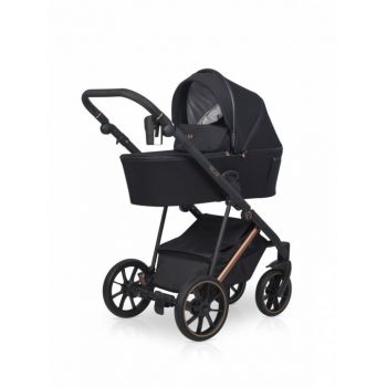Carucior pentru copii, Riko Velar Magma Premium Line 3 in 1, omologat i-Size R129, cu suspensii, maner reglabil pe inaltime, cu scoica auto, Geanta si accesorii incluse, pana la 22 kg, Negru