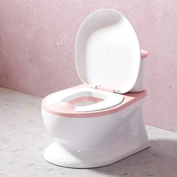 Olita tip minitoaleta pentru copii Little Mom Pink cu sunete, colac din PVC, vas colector detasabil, capac rabatabil cu functie de spatar si suport pentru servetele, dimensiuni 27x22x32 cm