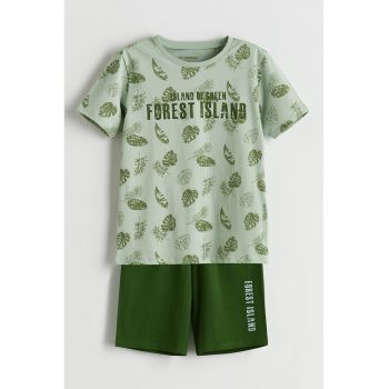 Pijama scurta din bumbac cu imprimeu grafic si text