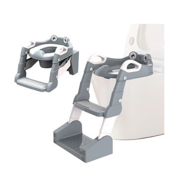 Reductor pentru copii Little Mom Grey multifunctional 2 in 1, pliabil, colac din PVC, cu recipient colector si manere de sustinere, dimensiuni 58x47x32.5 cm