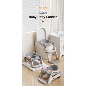 Reductor pentru copii Little Mom Grey multifunctional 3 in 1, pliabil, colac ergonomic din PVC, cu recipient colector si manere de sustinere, dimensiuni 35.5x17x39 cm
