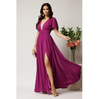Rochei DY Fashion lunga magenta din voal in clos cu strasuri si tull la decolteu