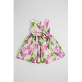 Rochie din amestec de in cu model floral si cordon in talie