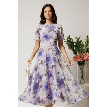 Rochie DY Fashion lunga lila cu imprimeu floral din voal in croi clos