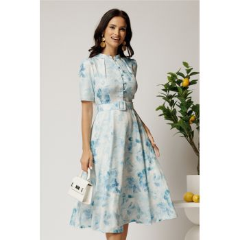 Rochie DY Fashion midi bleu in clos din rayon cu imprimeu floral si curea in talie