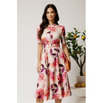 Rochie DY Fashion midi roz in clos din rayon cu flori mari si curea in talie