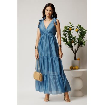 Rochie lunga albasta din tencel cu funde la umeri