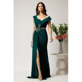 Rochie lunga verde din lycra mulata cu tull transparent si strasuri in talie