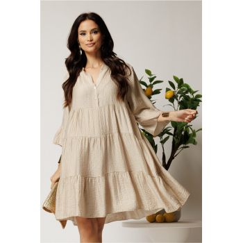 Rochie midi bej din tencel creponat cu croi tip A si nasturi la bust