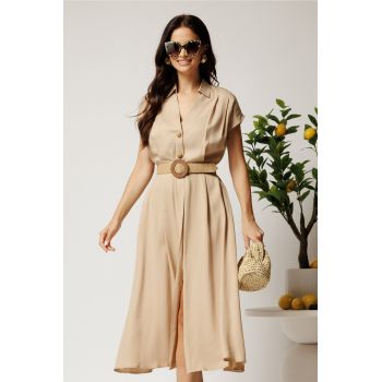 Rochie midi bej din tencel in clos cu nasturi si curea impletita