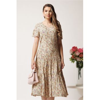 Rochie midi bej din viscoza cu imprimeuri florale maro