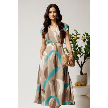 Rochie midi bej in clos din tencel cu imprimeu turcoaz si curea in talie
