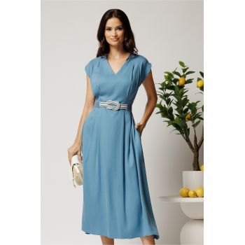 Rochie midi bleu din tencel in clos cu cu pliuri si curea in talie