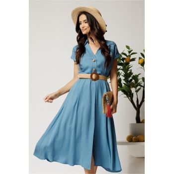 Rochie midi bleu din tencel in clos cu nasturi si curea impletita