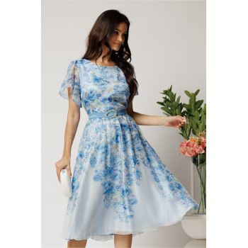 Rochie midi bleu din voal in clos cu imprimeu floral si cordon in talie
