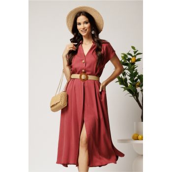 Rochie midi bordo din tencel in clos cu nasturi si curea impletita