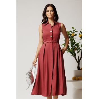 Rochie midi bordo din tencel in clos cu nasturi si curea
