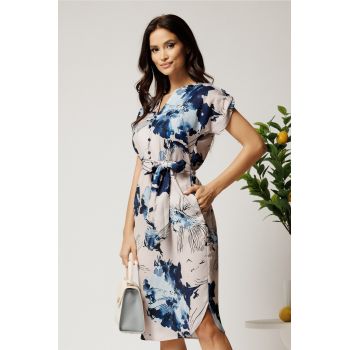 Rochie midi gri cu imprimeuri albastre si cordon in talie